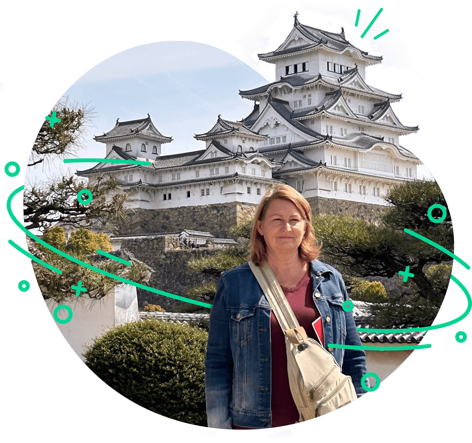 A woman on vacation standing in front of a castle